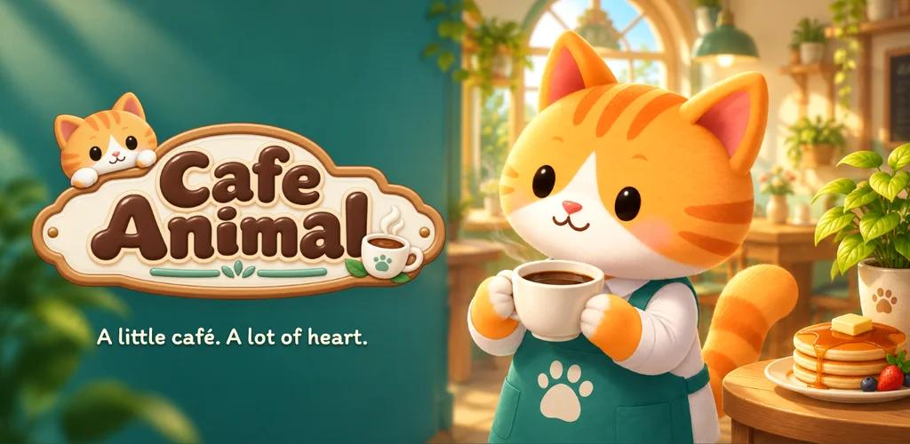 Cafe Animal feature artwork with Mochi the cat holding coffee in a cozy café