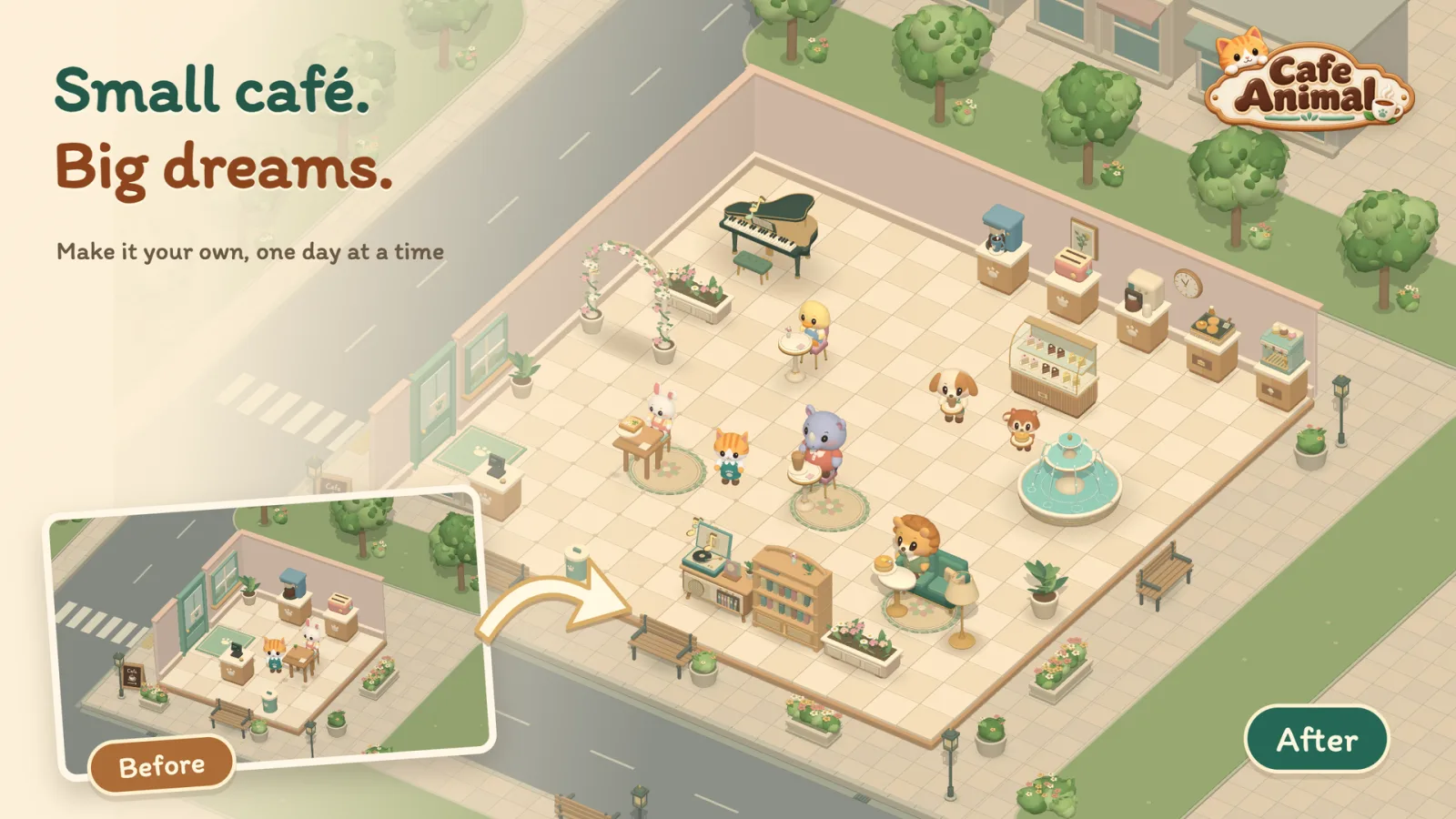 Cafe Animal before and after: a small starter café grows into a decorated café